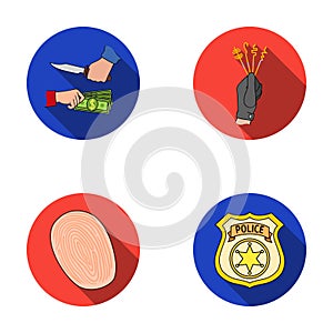 Robbery attack, fingerprint, police officer`s badge, pickpockets.Crime set collection icons in flat style vector symbol