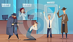 Robbery bank. Masked bandit gangster robbery money cash bad security service vector cartoon background