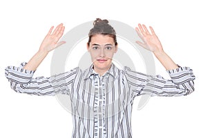 Robbery stickup - woman holding hands in air