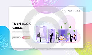 Robbery or Theft Landing Page Template. Masked Robbers Holding Gun and Glowing Flashlight Sneaking for Steal Money