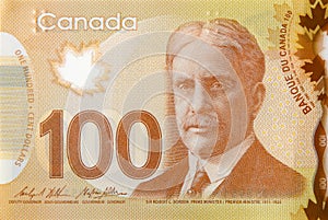 Robert Borden Portrait from Canada 100 Dollars 2011 Polymer Banknote fragment