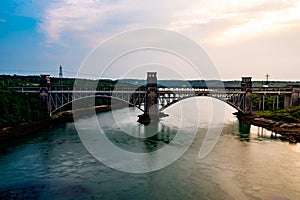 Aerial Vew Of Britannia Bridge carries road and railway across the Menai Straits between, Snowdonia and Anglesey. Wales