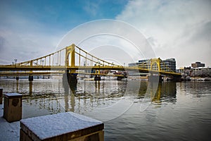 Roberto Clemente bridge over Allegheny River with a cityscape background in Pittsburgh, USA photo