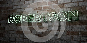 ROBERTSON - Glowing Neon Sign on stonework wall - 3D rendered royalty free stock illustration