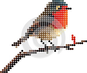 Robin Bird on a branch, pixel dotted style