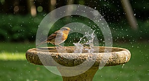 Robin Bird Splashing in Stone Bird Bath