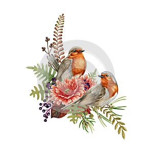 Robin birds flower arrangement. Watercolor illustration. Rustic natural autumn element. Hand drawn forest fall decor