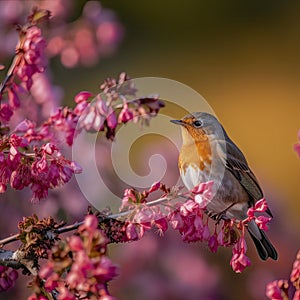 robin and blooming flower generate by AI