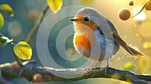 Robin on a branch in the forest in the rays of the setting sun.