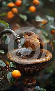 Robin drinking water from bird bath. A bird is drinking water from the faucet