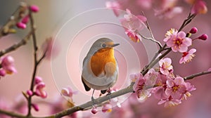 Robin garden bird on the cherry branch in full blossom