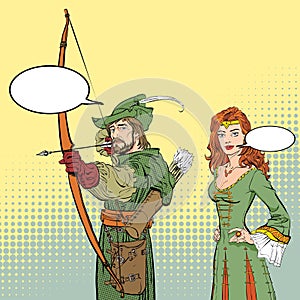 Robin Hood aiming on target. Medieval legends. Heroes of medieval legends. Lady in medieval dress.