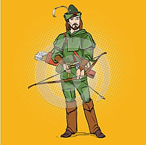 Robin Hood in a hat with feather. Defender of weak. Medieval legends. Heroes of medieval legends. Halftone background.