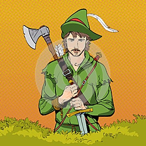 Robin Hood in a hat with feather. Defender of weak. Medieval legends. Heroes of medieval legends. Halftone background. photo