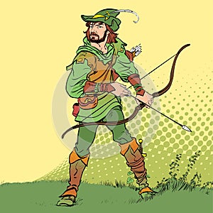 Robin Hood standing with bow and arrows. Robin Hood in ambush. Defender of weak. Medieval legends. Heroes of medieval