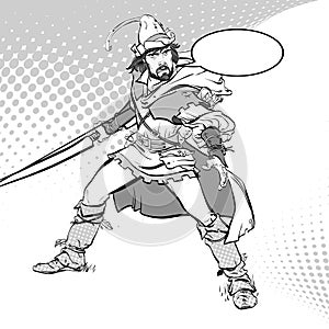Robin Hood standing with bow and arrows. Robin Hood in ambush. Defender of weak. Medieval legends. Heroes of medieval
