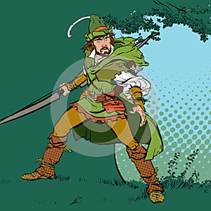 Robin Hood standing with bow and arrows. Robin Hood in ambush. Defender of weak. Medieval legends. Heroes of medieval