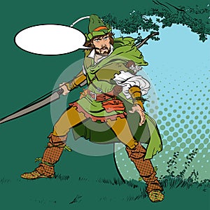 Robin Hood standing with bow and arrows. Robin Hood in ambush. Defender of weak. Medieval legends. Heroes of medieval