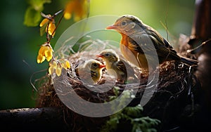 robin mother chirping with her cubs in their nest, green background and sunset, warm colors, bird and cubs, a mother\'s love