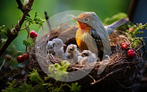 robin mother chirping with her cubs in their nest, green background and sunset, warm colors, bird and cubs, a mother\'s love