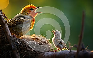 robin mother chirping with her cubs in their nest, green background and sunset, warm colors, bird and cubs, a mother\'s love