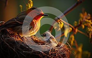 robin mother chirping with her cubs in their nest, green background and sunset, warm colors, bird and cubs, a mother\'s love