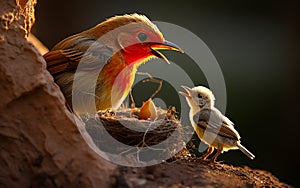 robin mother chirping with her cubs in their nest, green background and sunset, warm colors, bird and cubs, a mother\'s love