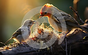 robin mother chirping with her cubs in their nest, green background and sunset, warm colors, bird and cubs, a mother\'s love