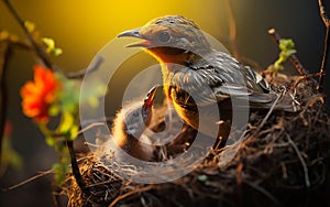 robin mother chirping with her cubs in their nest, green background and sunset, warm colors, bird and cubs, a mother\'s love