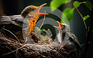 robin mother chirping with her cubs in their nest, green background and sunset, warm colors, bird and cubs, a mother\'s love