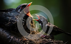 robin mother chirping with her cubs in their nest, green background and sunset, warm colors, bird and cubs, a mother\'s love