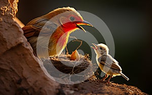 robin mother chirping with her cubs in their nest, green background and sunset, warm colors, bird and cubs, a mother's love