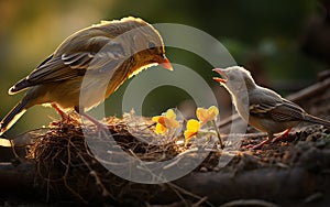 robin mother chirping with her cubs in their nest, green background and sunset, warm colors, bird and cubs, a mother's love