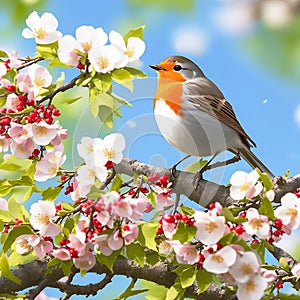 Robin perched atop a blooming hawthorn tree