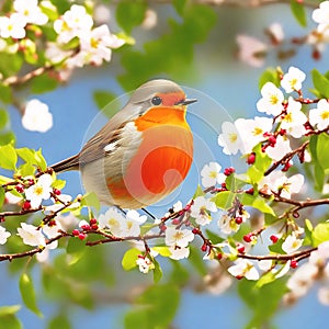 Robin perched atop a blooming hawthorn tree