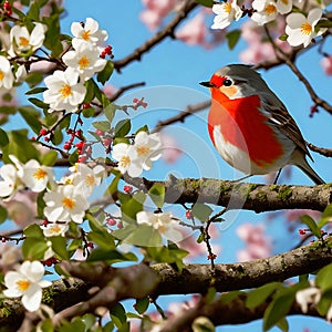 Robin perched atop a blooming hawthorn tree