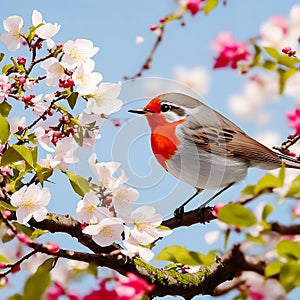 Robin perched atop a blooming hawthorn tree