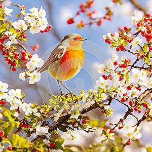 Robin perched atop a blooming hawthorn tree