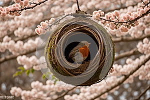 A robin\'s nest with hatchlings in a blossoming tree