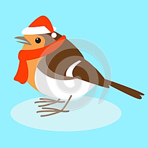 Robin in santa hat , vector illustration , flat style,