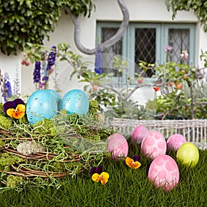 Robins Blue Easter Eggs In Bird Nest, Green Grass