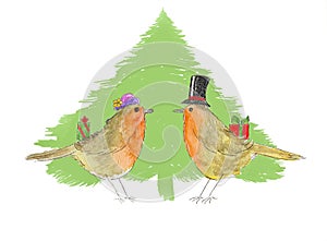 Robins and Christmas tree.
