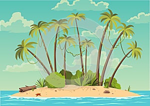 Robinson crusoe island. Desert island in ocean and palm coconut trees. Tropical paradise landscape, sandy beach flat