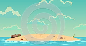 Robinson crusoe island. Desert island in ocean. Sunny day. Tropical paradise landscape, sandy beach flat cartoon vector photo