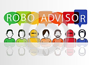 Robo-advisor concept as illustration with colorful icons of robots and persons photo
