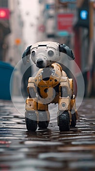 Robo companion Small robot dog strolling through the city streets