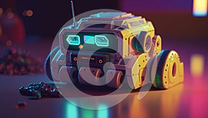 Robo Fun: 80s Toy Robot on Neon-Colored Flooring