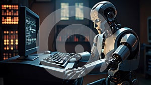 Robot actively typing on a computer keyboard, showcasing artificial intelligence in action within a modern digital workspace