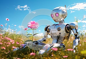 A robot admires a flower while lying in the field.