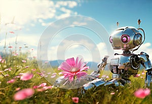 A robot admires a flower while lying in the field.